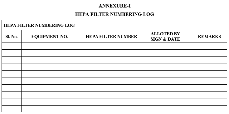 HEPA FILTER NUMBERING LOG