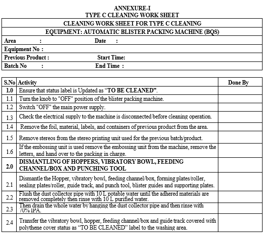 TYPE C CLEANING WORK SHEET