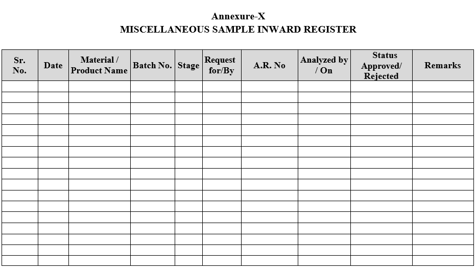 MISCELLANEOUS SAMPLE INWARD REGISTER