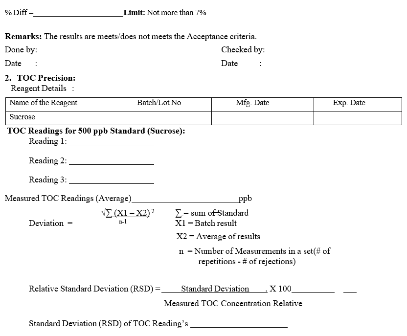 Calibration Record for TOC Analyzer