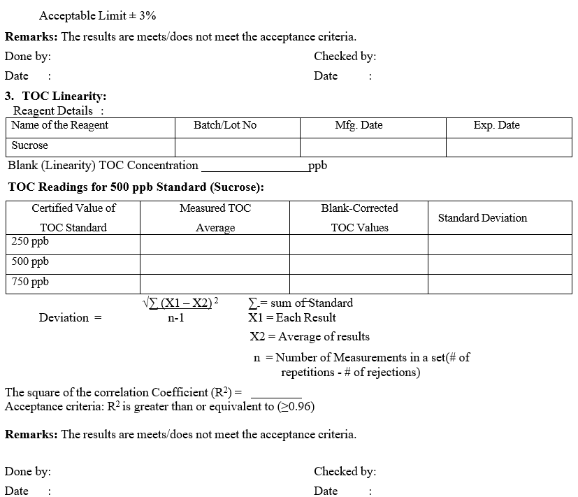 Calibration Record for TOC Analyzer