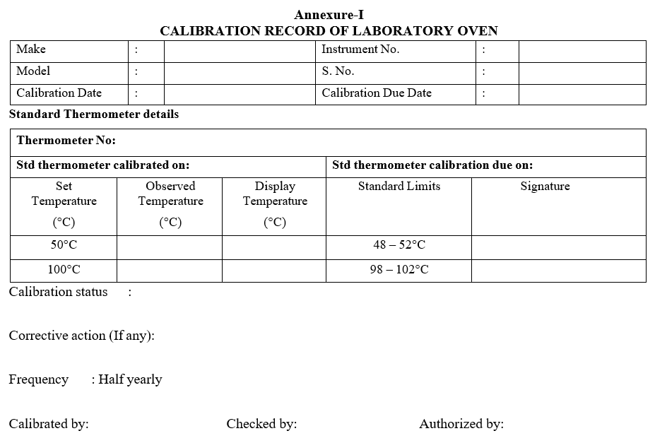 Calibration record of Laboratory Oven