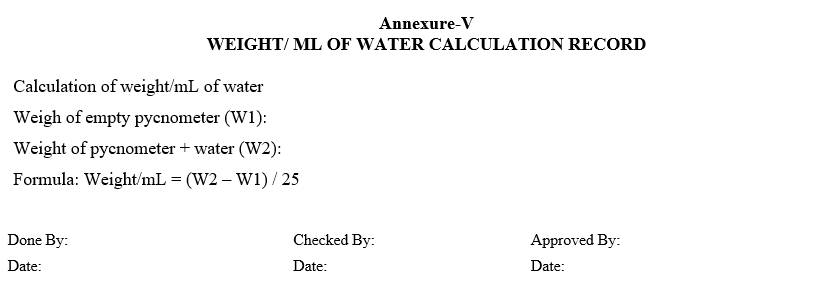 WEIGHT/ ML OF WATER CALCULATION RECORD