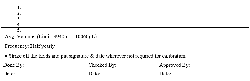 CALIBRATION RECORD FOR FIXED VOLUME MICROPIPETTE