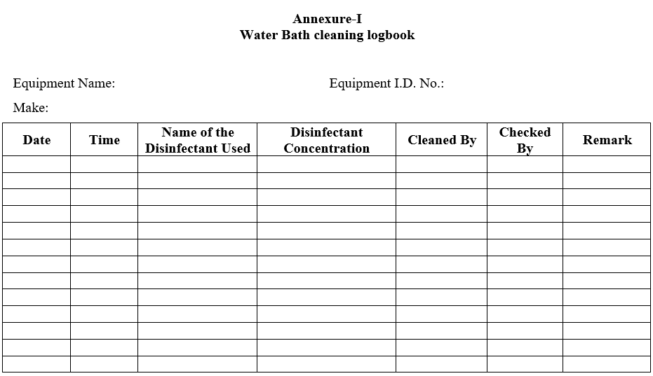 Water Bath cleaning logbook