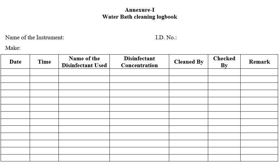 Water Bath cleaning logbook