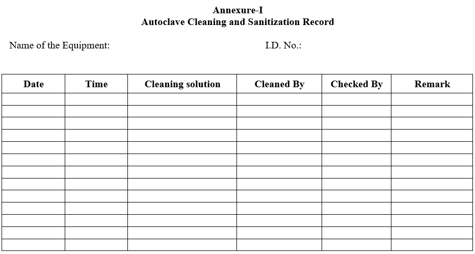 Autoclave Cleaning and Sanitization Record