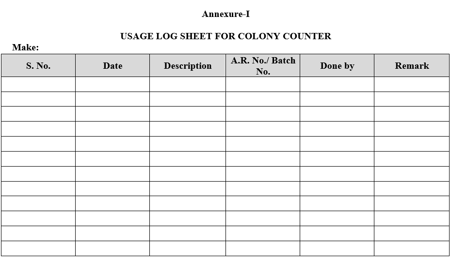 USAGE LOG SHEET FOR COLONY COUNTER