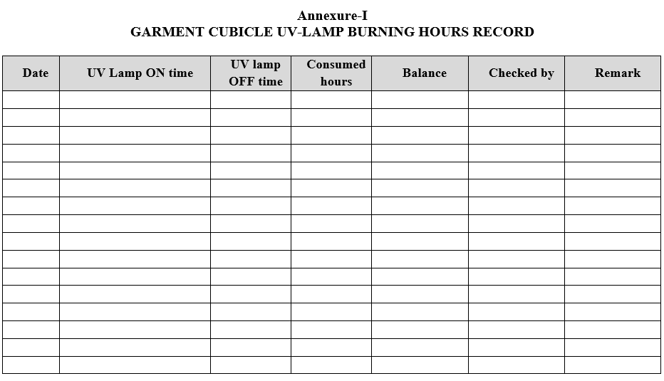 GARMENT CUBICLE UV-LAMP BURNING HOURS RECORD