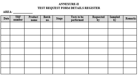 TEST REQUEST FORM DETAILS REGISTER 