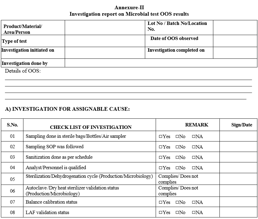 Investigation report on Microbial test OOS results