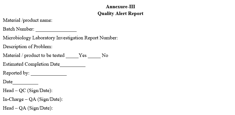 Quality Alert Report