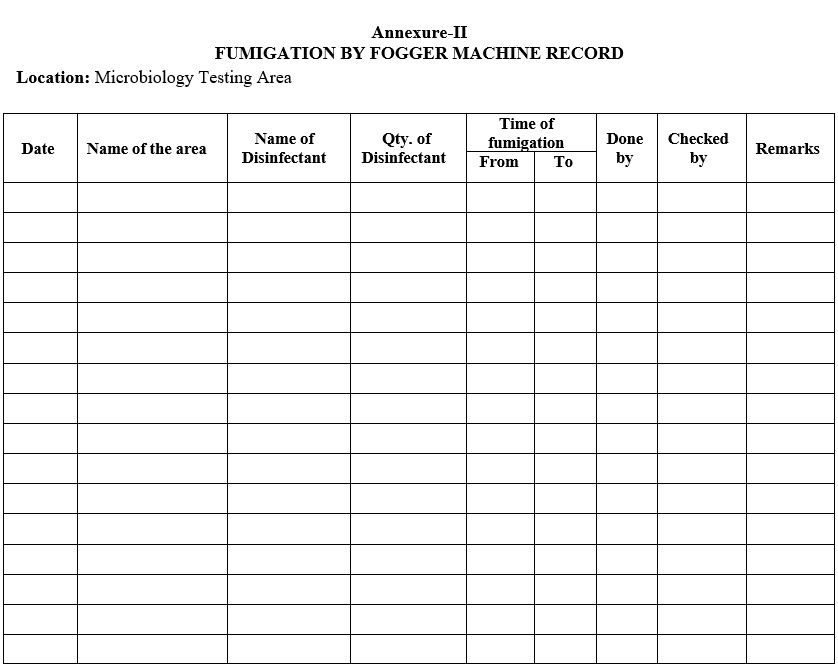 FUMIGATION BY FOGGER MACHINE RECORD