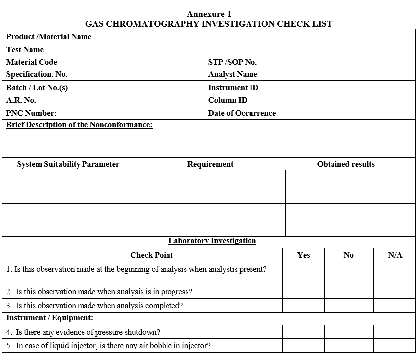 GAS CHROMATOGRAPHY INVESTIGATION CHECK LIST