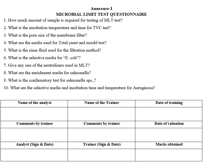 MICROBIAL LIMIT TEST QUESTIONNAIRE