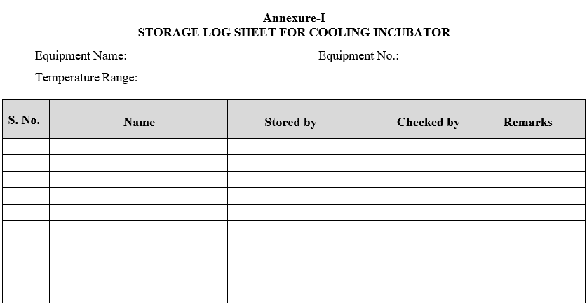 STORAGE LOG SHEET FOR COOLING INCUBATOR