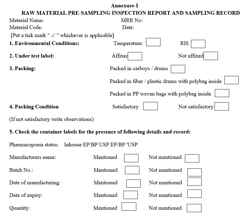 RAW MATERIAL PRE-SAMPLING INSPECTION REPORT 