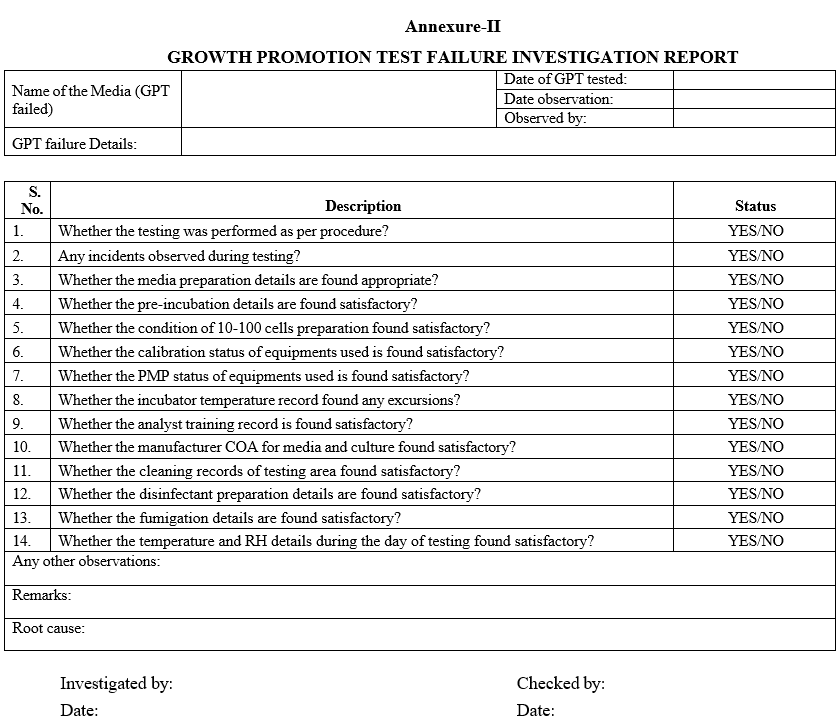 GROWTH PROMOTION TEST FAILURE INVESTIGATION REPORT