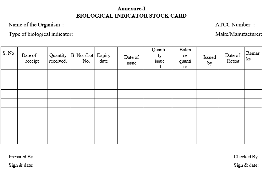 BIOLOGICAL INDICATOR STOCK CARD