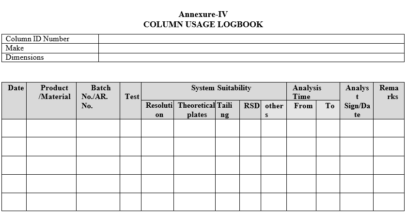 COLUMN USAGE LOGBOOK