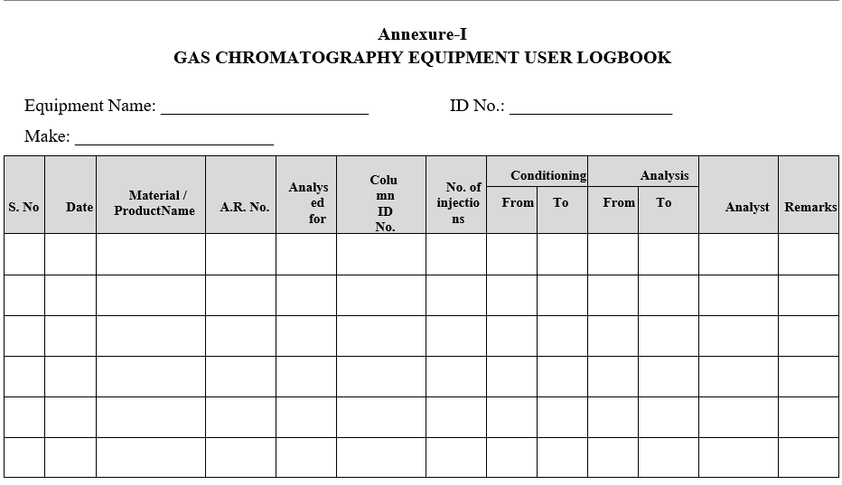 GAS CHROMATOGRAPHY EQUIPMENT USER LOGBOOK