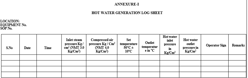  HOT WATER GENERATION LOG SHEET