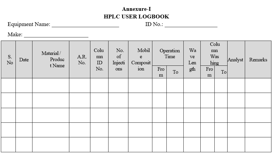 HPLC USER LOGBOOK