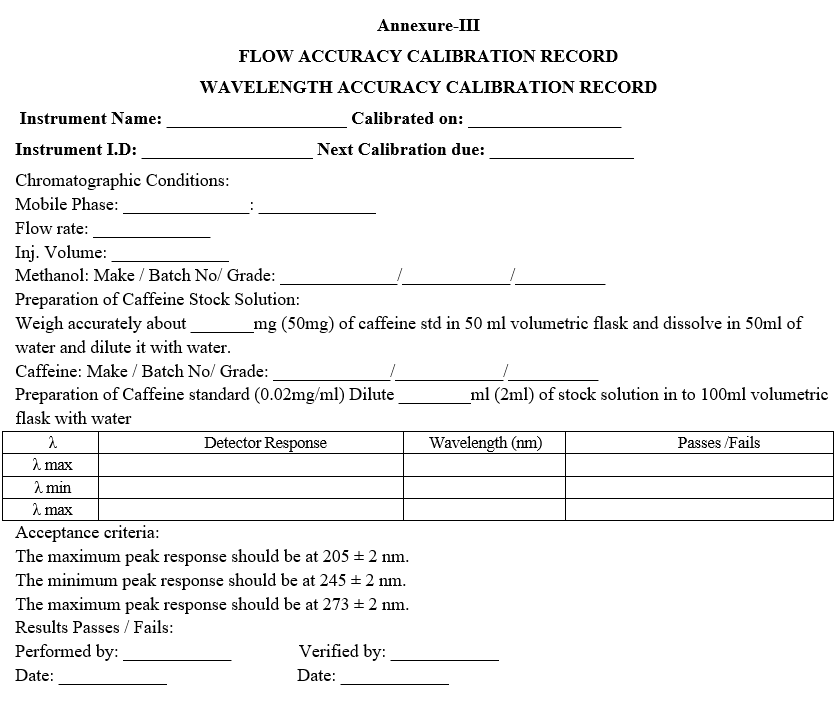 FLOW ACCURACY CALIBRATION RECORD 