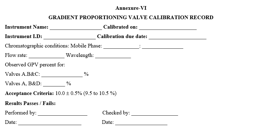 GRADIENT PROPORTIONING VALVE CALIBRATION RECORD