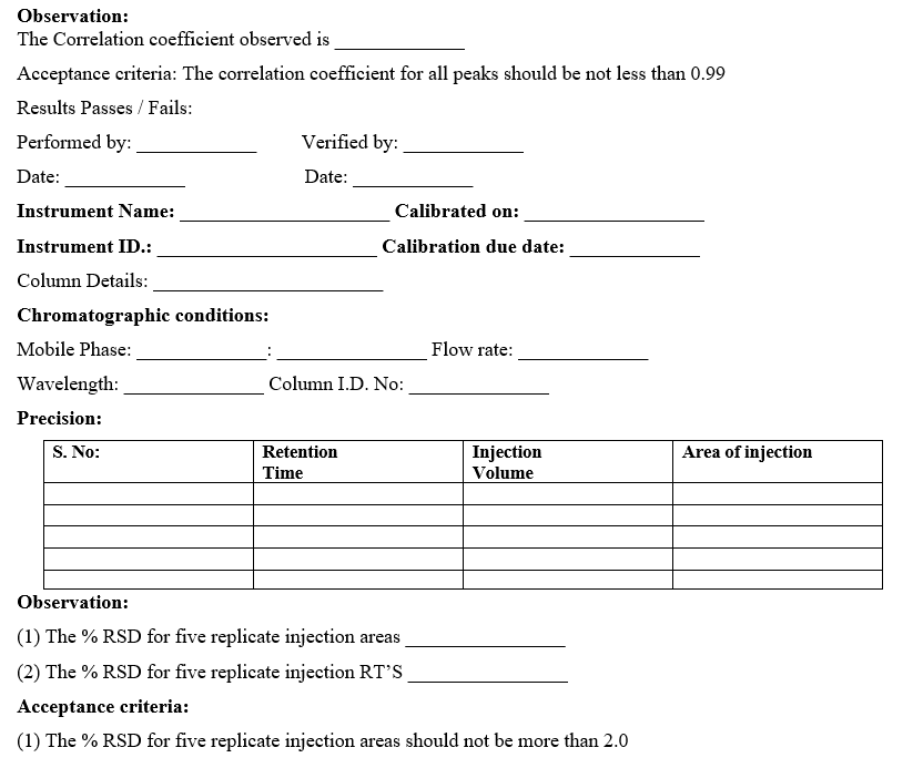 INJECTOR LINEARITY AND PRECISION CALIBRATION RECORD 