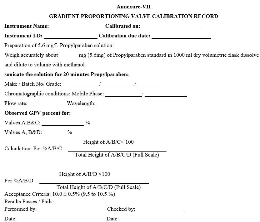 GRADIENT PROPORTIONING VALVE CALIBRATION RECORD