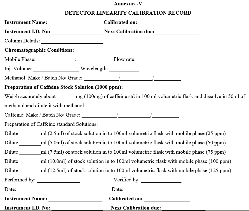 DETECTOR LINEARITY CALIBRATION RECORD