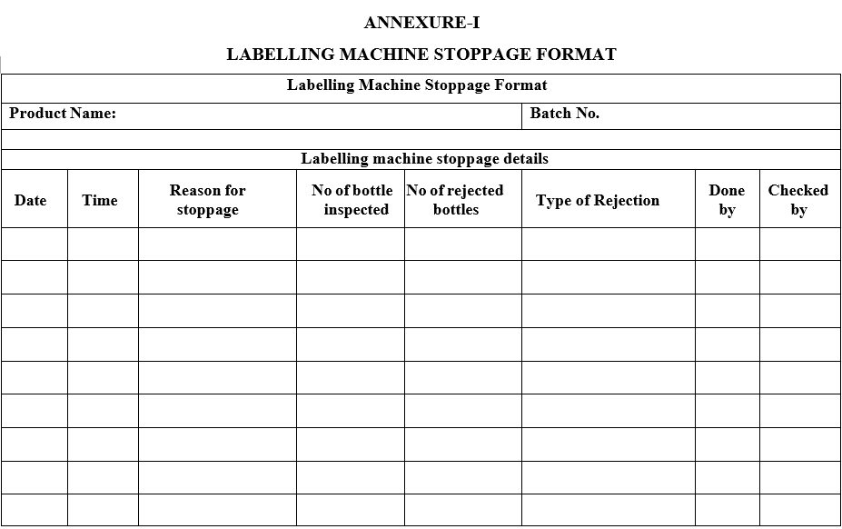 LABELLING MACHINE STOPPAGE FORMAT