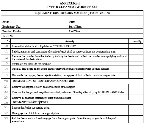 TYPE B CLEANING WORK SHEET