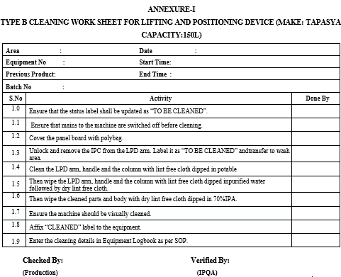 TYPE B CLEANING WORK SHEET FOR LIFTING AND POSITIONING DEVICE (MAKE: TAPASYA, CAPACITY:150L)