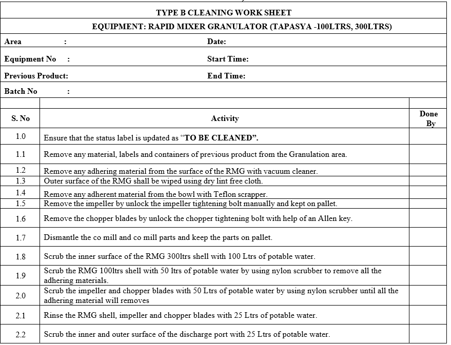 TYPE B CLEANING WORK SHEET FOR RAPID MIXER GRANULATOR (TAPASYA -100LTRS, 300LTRS)