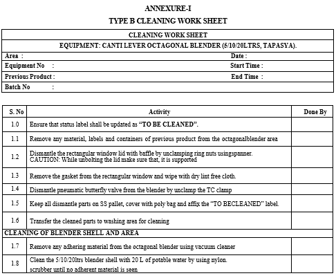 TYPE B CLEANING WORK SHEET