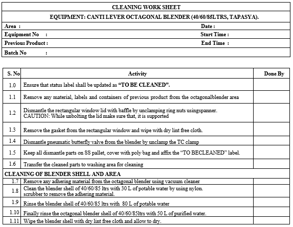 TYPE B CLEANING WORK SHEET