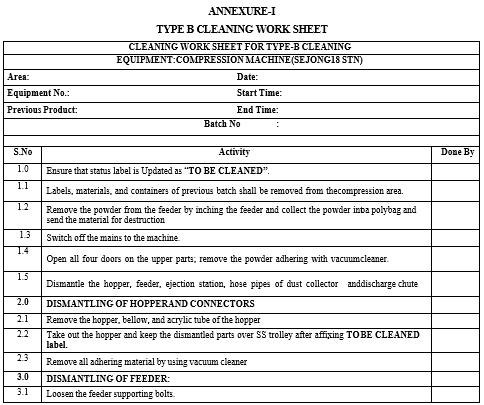 TYPE B CLEANING WORK SHEET