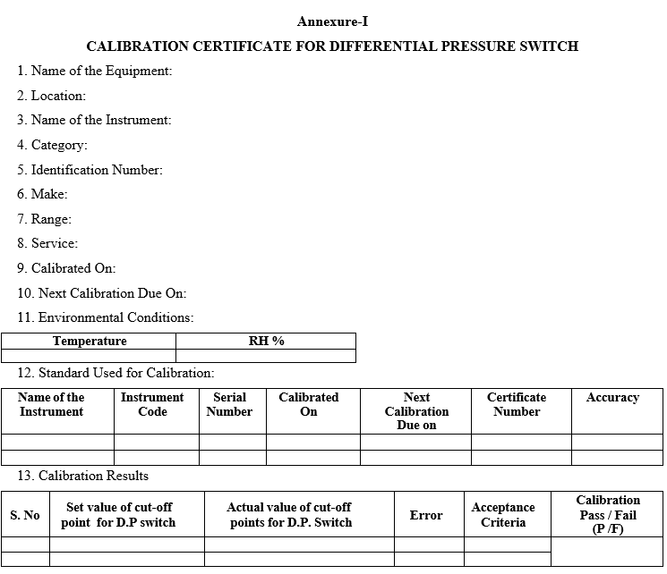 CALIBRATION CERTIFICATE FOR DIFFERENTIAL PRESSURE SWITCH