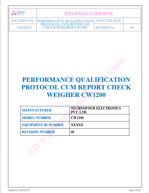 PERFORMANCE QUALIFICATION PROTOCOL CUM REPORT OF CHECK WEIGHER CW1200