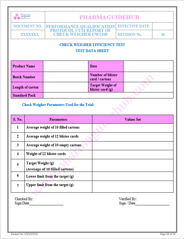 PERFORMANCE QUALIFICATION PROTOCOL CUM REPORT OF CHECK WEIGHER CW1200