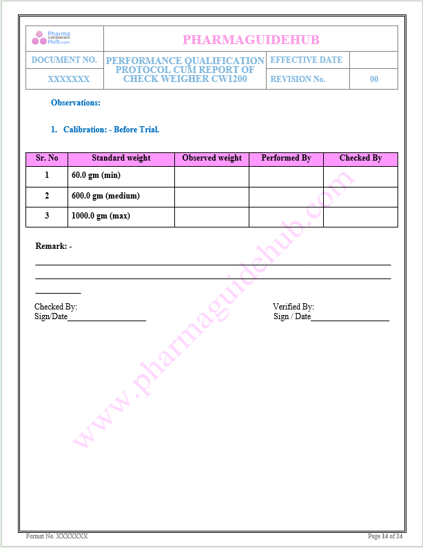 PERFORMANCE QUALIFICATION PROTOCOL CUM REPORT OF CHECK WEIGHER CW1200