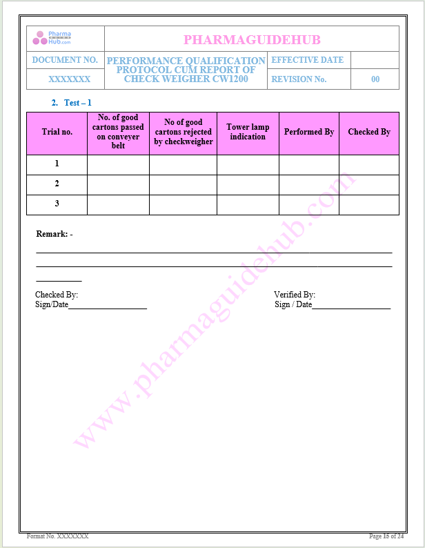 PERFORMANCE QUALIFICATION PROTOCOL CUM REPORT OF CHECK WEIGHER CW1200