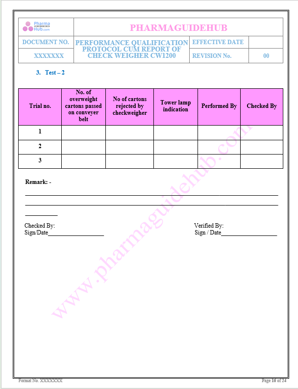 PERFORMANCE QUALIFICATION PROTOCOL CUM REPORT OF CHECK WEIGHER CW1200