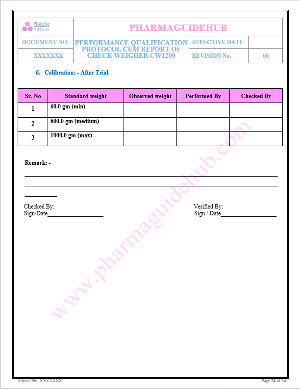 PERFORMANCE QUALIFICATION PROTOCOL CUM REPORT OF CHECK WEIGHER CW1200