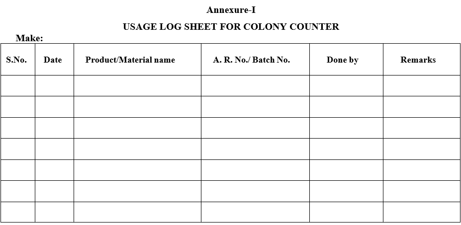 USAGE LOG SHEET FOR COLONY COUNTER