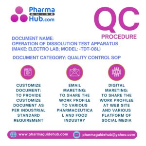 OPERATION OF DISSOLUTION TEST APPARATUS (Make ELECTRO LAB; MODEL -TDT-08L)