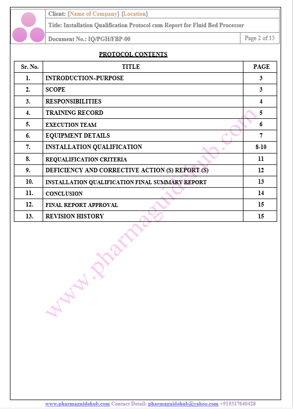 INSTALLATION QUALIFICATION PROTOCOL CUM REPORT FOR FLUID BED PROCESSOR