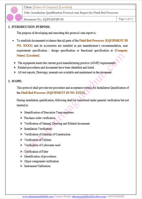 INSTALLATION QUALIFICATION PROTOCOL CUM REPORT FOR FLUID BED PROCESSOR